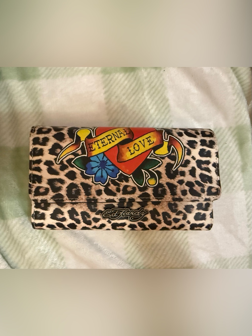Ed Hardy Leopard Print 'Eternal Love' Clutch Wallet - Multicolor 7.5”W X 4”H App